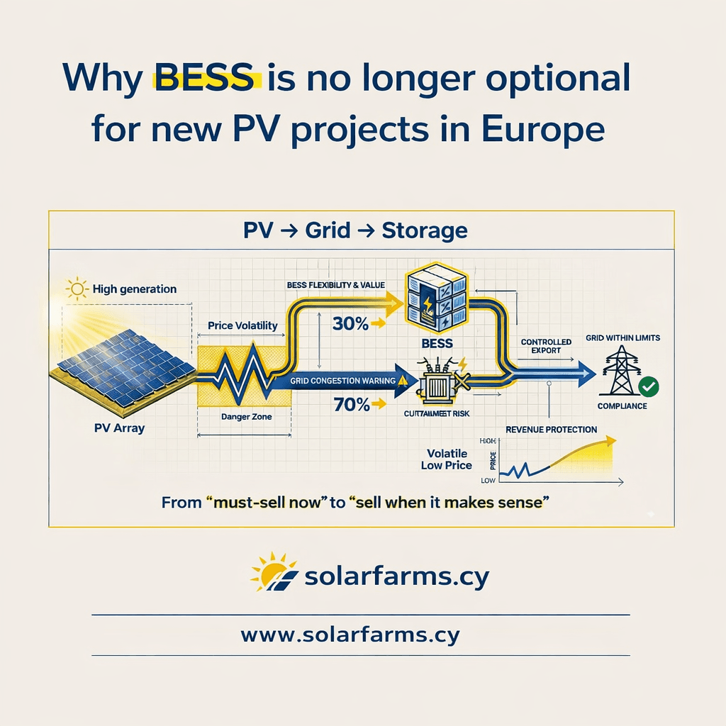 Why BESS is no longer optional for new PV projects in Europe — PV to Grid to Storage flow diagram showing curtailment risk and BESS flexibility