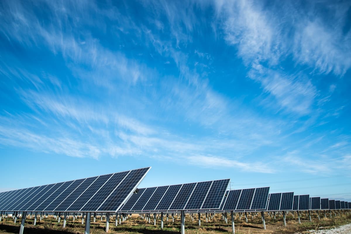 Solar panels against bright blue Cyprus sky