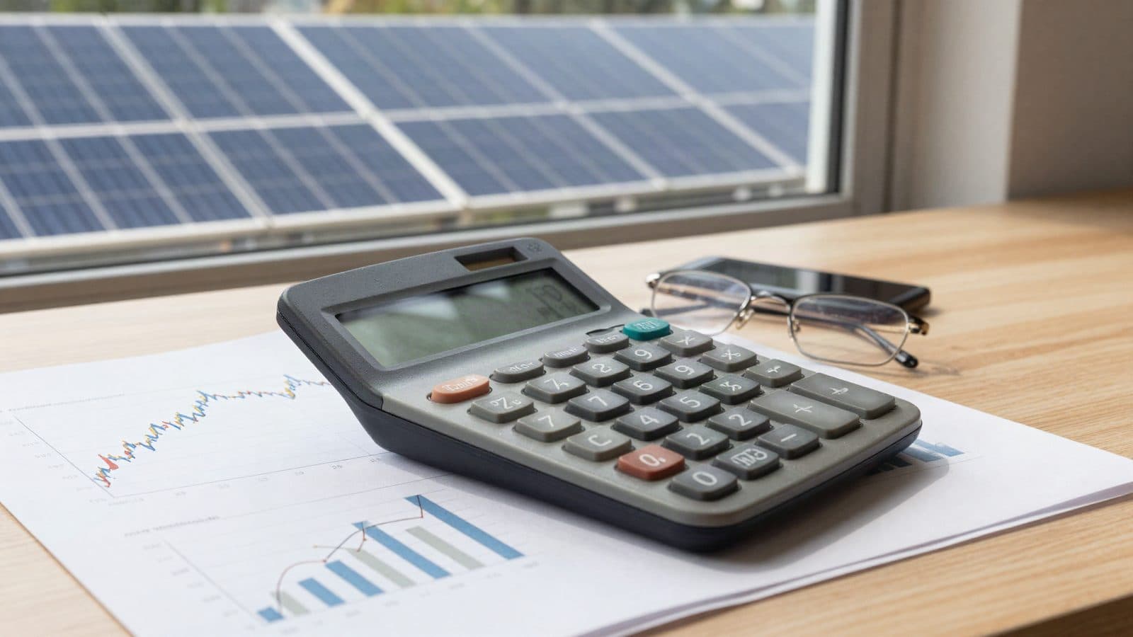 Financial charts on a desk with a solar park in the background