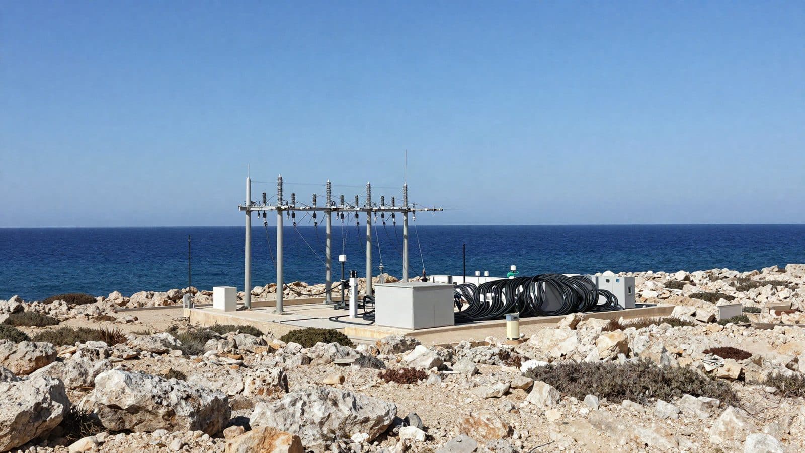Coastal HVDC cable landing and converter equipment in Cyprus