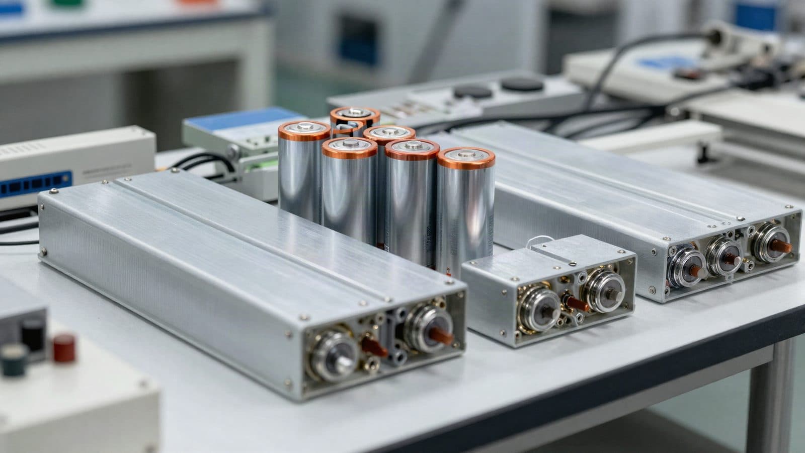 Lithium battery cells and modules on a laboratory bench