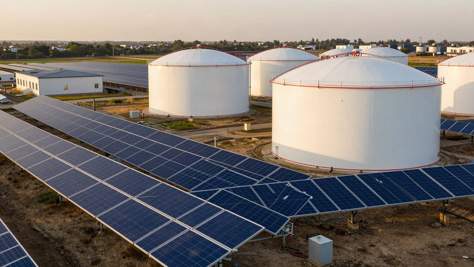 Solar farm at golden hour next to battery storage containers