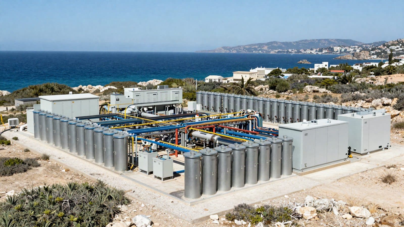 Network of battery containers and substations on a Mediterranean island